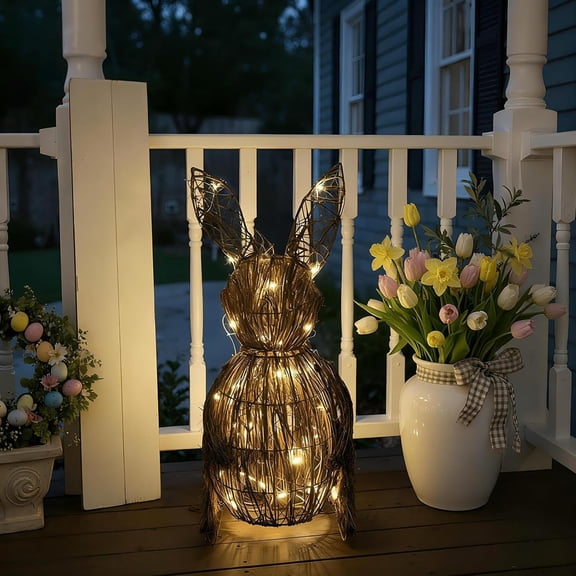 20" Easter Light-Up Bunny Set - Handwoven Rattan Rabbit Statues with LED Lights, Perfect for Porch, Mantel & Spring Party Decor, Ideal Gift for Farmhouse Style Homes(1 Pcs)