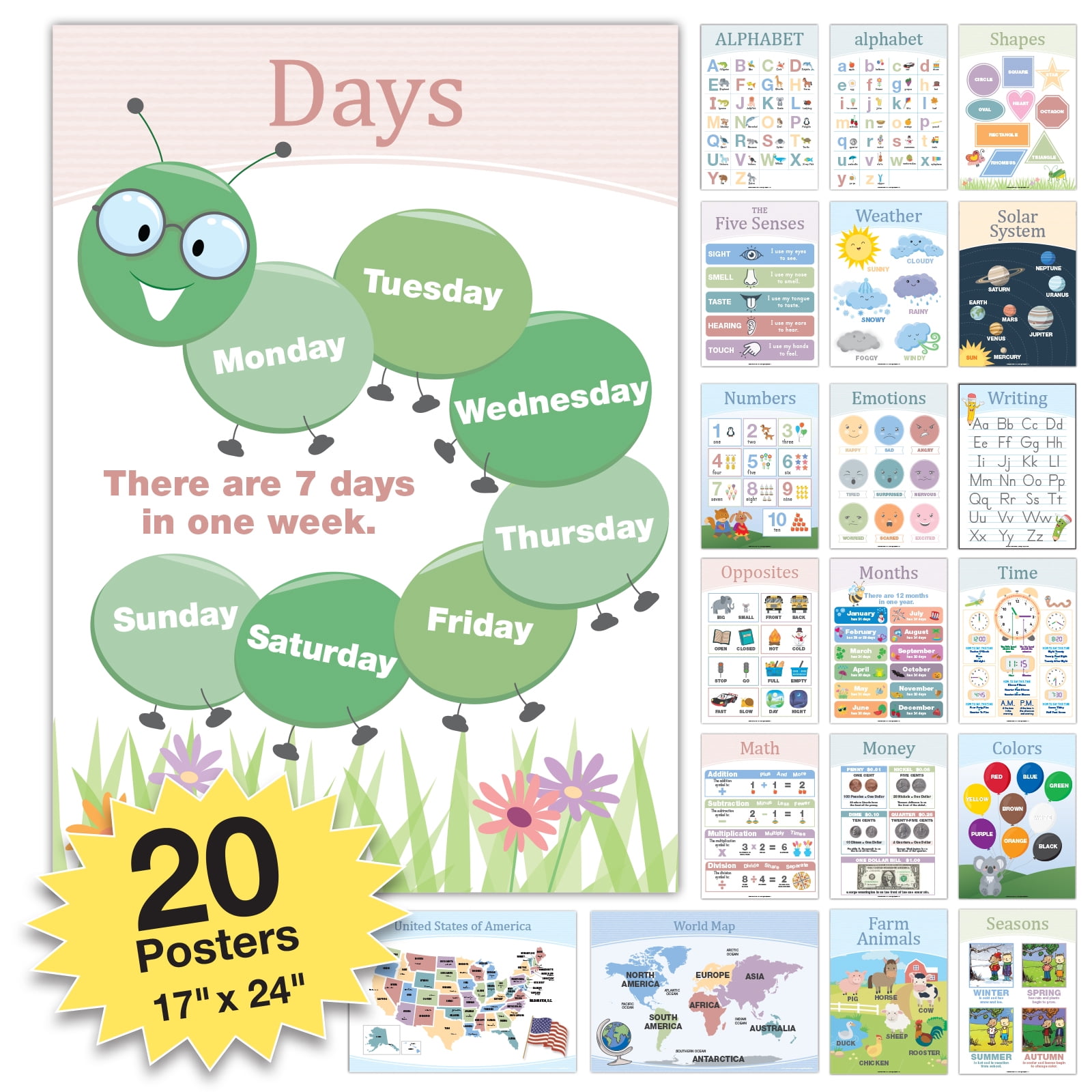 Set of 2 3 4 6, Learning, Education Prints for Children's Bedroom Nursery  or Playroom, Feelings, Weather, Shapes, Days, Numbers, Alphabet 