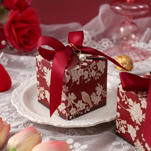20 Elegant Floral Wedding Favor Boxes with Satin Ribbon and Pearl Embellishments - Green Botanical Design, 2.75x2.75x2.75 Inch, Perfect for Party Favors and Luxury Gift Packaging