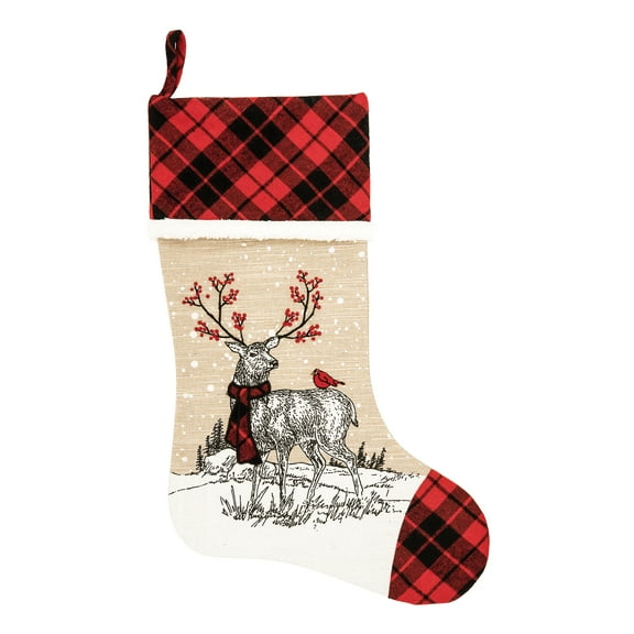20" Embroidered Deer Winter Wonderland with Plaid Cuff Hanging Large Christmas Stocking