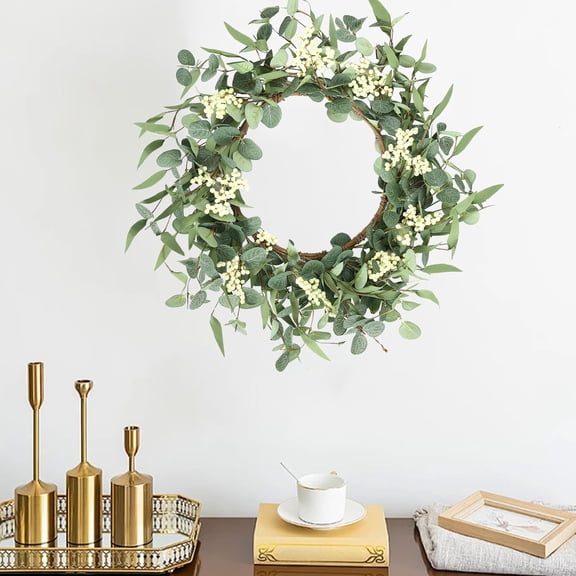 20'' Eucalyptus Wreath for Front Door, Spring Summer Wreath with White Flowers,Porch, Window - Green Decor for Home,Eucalyptus, All Seasons Evergreen Decor for Indooor Outdoor Farmhouse
