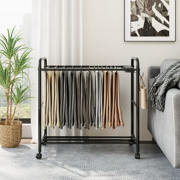 20-Expandable Wheels Closet Organizer - Multi-Tier Metal Frame Storage Rack for Pants, Towels, Jeans, Scarves | Freestanding Black Design | Space-Saving Clothes Organizer w/Easy Maneuverability