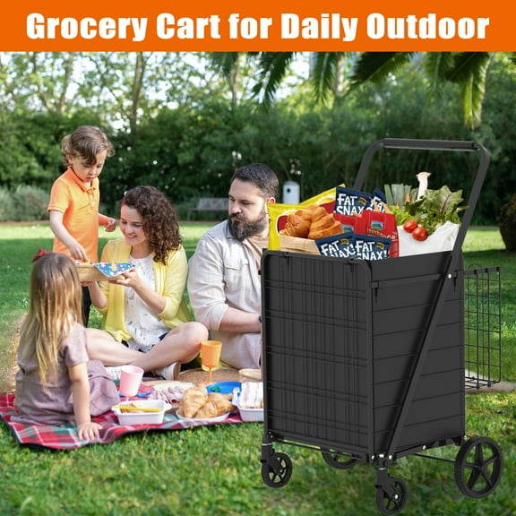 20'' Extra Large Shopping Cart with Higher handle,Grocery Cart with Waterproof Liner and Back Basket,Foldable Utility Shopping Carts with 360° Rolling Swivel Wheels,Steel Frame,for Laundry,Shopping