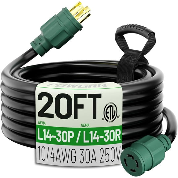 20 FT 30 Amp Generator Extenson Cord 4 Prong, Heavy Duty NEMA L14-30P to NEMA L14-30R, 125/250V 7500W, Green 10 Gauge STW Twt Lockng House Power Cord, 20 Feet Generator Cable