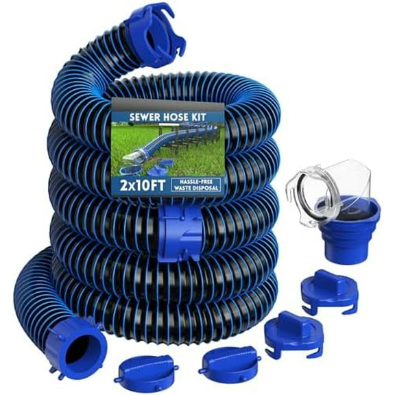 20 FT RV Sewer Hose Kit, Sewer Hose for RV Camper - Includes 2 Attachable 10 ft Sewer Hose with Swivel Fitting, 90 Degree Clear View Sewer Adapter, and 4 Storage Caps$$Vehicle Parts & Accessories