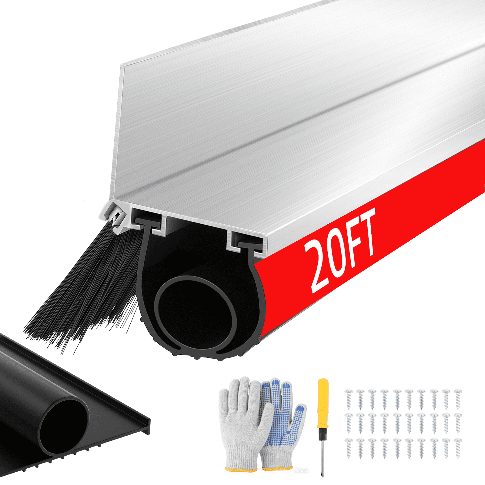 20 FT Universal Garage Door Seals Kit，Heavy Duty EPDM U+O Bottom Rubber Weatherproof Seal & Brush with Pre-drilled Aluminum Track，Universal Replacement Stops Rain, Drafts & Pests