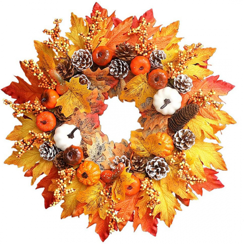 20" Multicolor Artificial Fall Wreath with Pumpkins and Pine Cones