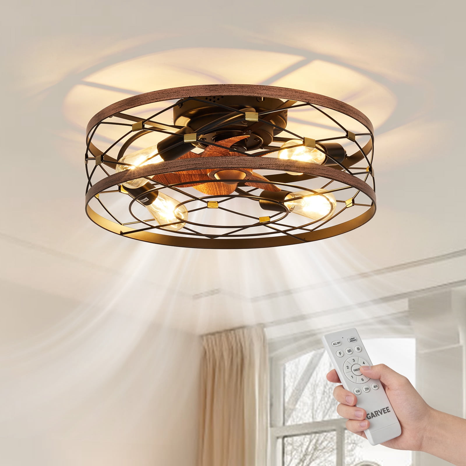 20″ Farmhouse Flush Mount Caged Ceiling Fan with Lights, 6-Speed ...