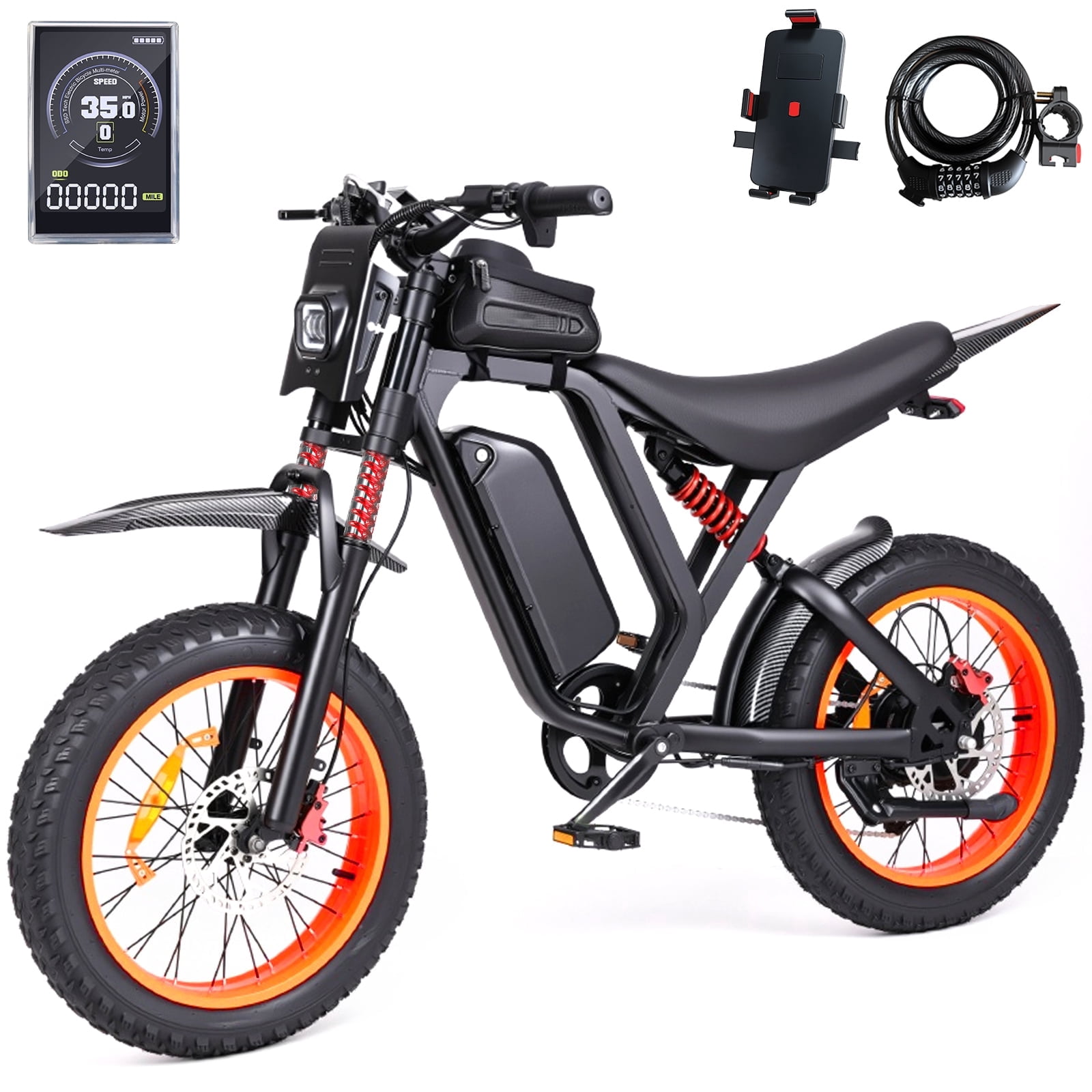 20”Fat Tire Electric Bicycle, 2000W Adult Electric Bicycle, 48V 18Ah Battery, 55Mile Range, Top Speed 35Mph, Front And Rear Hydraulic Suspension + Hydraulic Disc Brakes, 7-Speed, MAX 400LBS