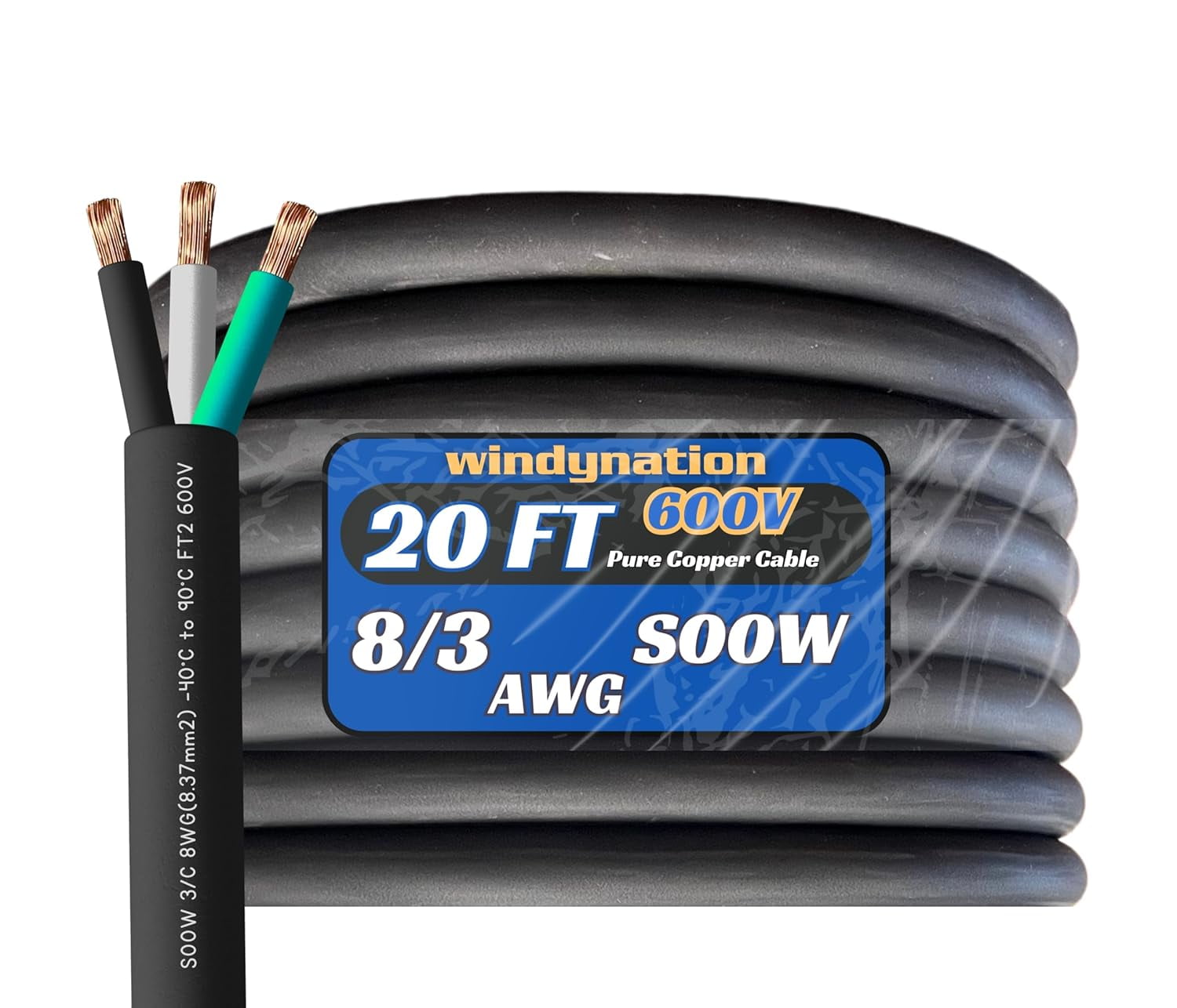 20 Feet 8/3 SOOW Cable Cord Wire - 8 Gauge 8 AWG 3 Conductor 600V Portable Power Extension Cord Cable with Ultra Flexible CPD Insulation Jacket