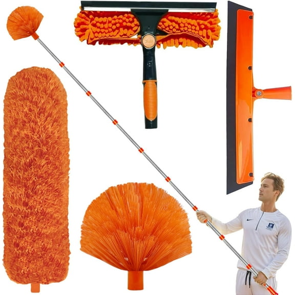 20+ Feet High Reach Duster Kit with 3-14 ft Extension Pole High Ceiling Dusting and Window Cleaning Kit with Spliceable Pole - Window Washer & Squeegee, Cobweb Duster, Fan Blade and Feather Dusters