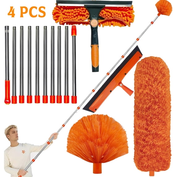 20+ Feet High Reach Duster Kit with 3-14 ft Extension Pole, Window Washer & Squeegee, Cobweb Duster, Spider Web Brush, Feather Duster for Outdoor & Indoor Extendable Duster Cleaning Kit