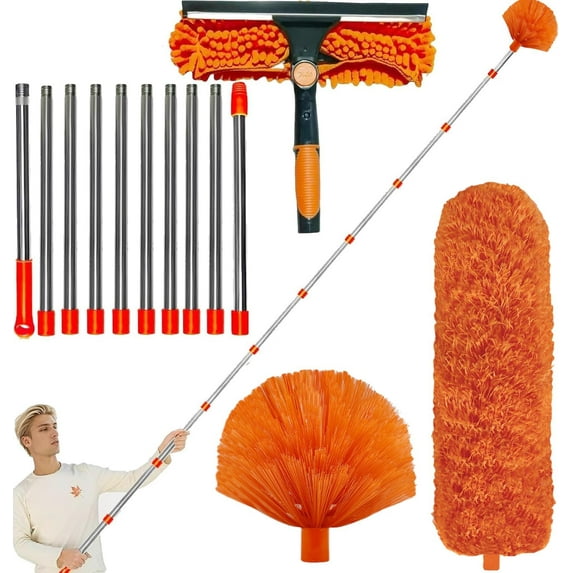 20+ Feet High Reach Dusting Kit with 3-14 ft Extension Pole //2 in 1 Window Cleaning Kit // High Ceiling Duster // Cobweb Microfiber Duster // Outdoor & Indoor Extendable Duster Cleaning Kit