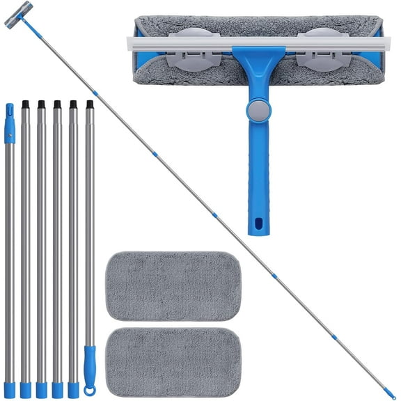 20 Feet+ High Reach Window Squeegee, 2-in-1 Window Cleaner Tool with 15.5Ft Extension Poles, Professional Window Washing Kit, Long Window Cleaning Equipment for High Outdoor Windows Glass