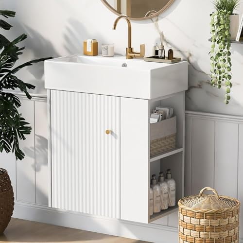 20" Floating Bathroom Vanity with Sink,Soft Closing Doors,Solid Wood Frame & MDF Modern Single Small Bathroom Vanity Cabinet with Open Shelf,Wall Mounted (White,Right Shelves)
