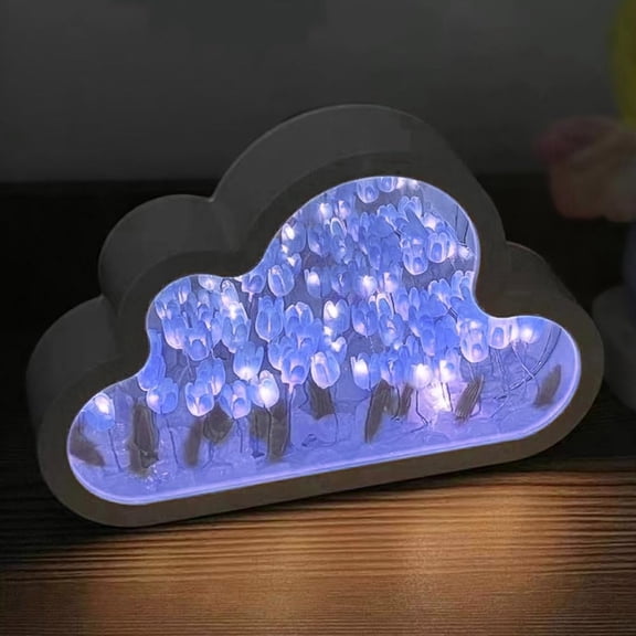 (20 Flower) Tulip Lamp Night Light with Mirror, Assembled Artificial Flower Lamp Table Light Bedroom Decoration Gift for Women Girlfriend Sisters Desk Table Decor, Cloud Design (Blue) Battery model