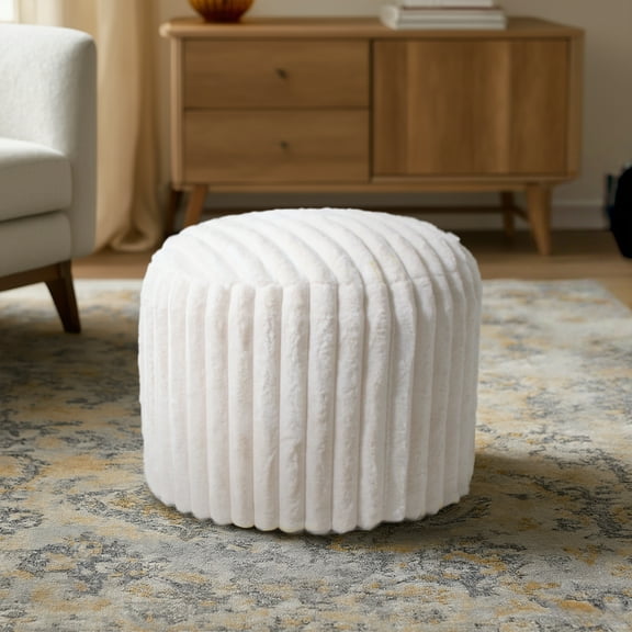 20" Fluffy Faux Fur Ottoman, Round Pouf Footrest, Mooncake Foot Stool, Paran Accent Pouf For Modern Interior Design, Fluffy Furry Vanity Chair, Soft Seat Reading Chair, White