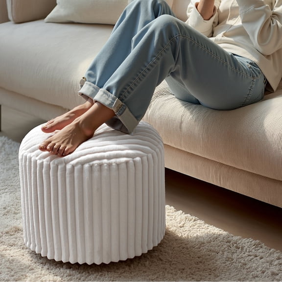 WHIFEA 20" Fluffy Faux Fur Ottoman, Round Pouf Footrest, Mooncake Foot Stool, Paran Accent Pouf For Modern Interior Design, Fluffy Furry Vanity Chair, Soft Seat Reading Chair, White