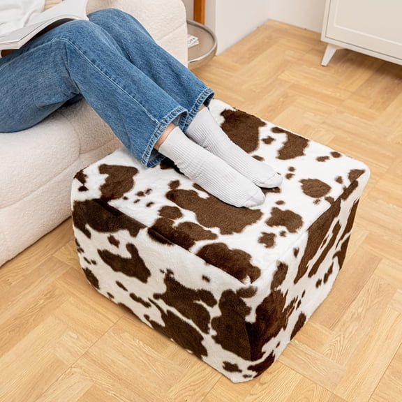20" Fluffy Square Pouf Ottoman with High-Density Foam, Plush Furry Floor Seating in Coffee Cow Print