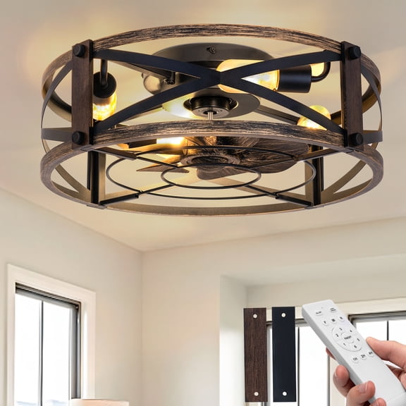 20" Flush Mount Caged Ceiling Fan with Light, Industrial Metal Cage, Remote Control, 6 Speeds DC Motor, Timer, Low Profile Fandelier, Black & Gold