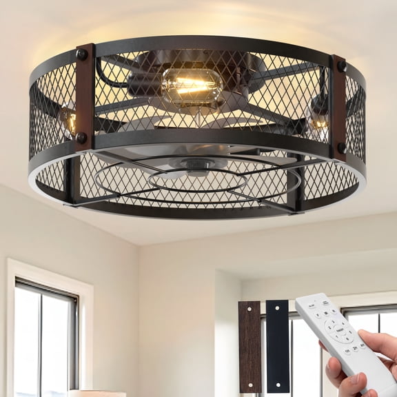 20" Flush Mount Caged Ceiling Fan with Light, Metal Mesh Cage Design, Remote Control, 6 Speeds DC Motor, Timer, Low Profile Fandelier, Black