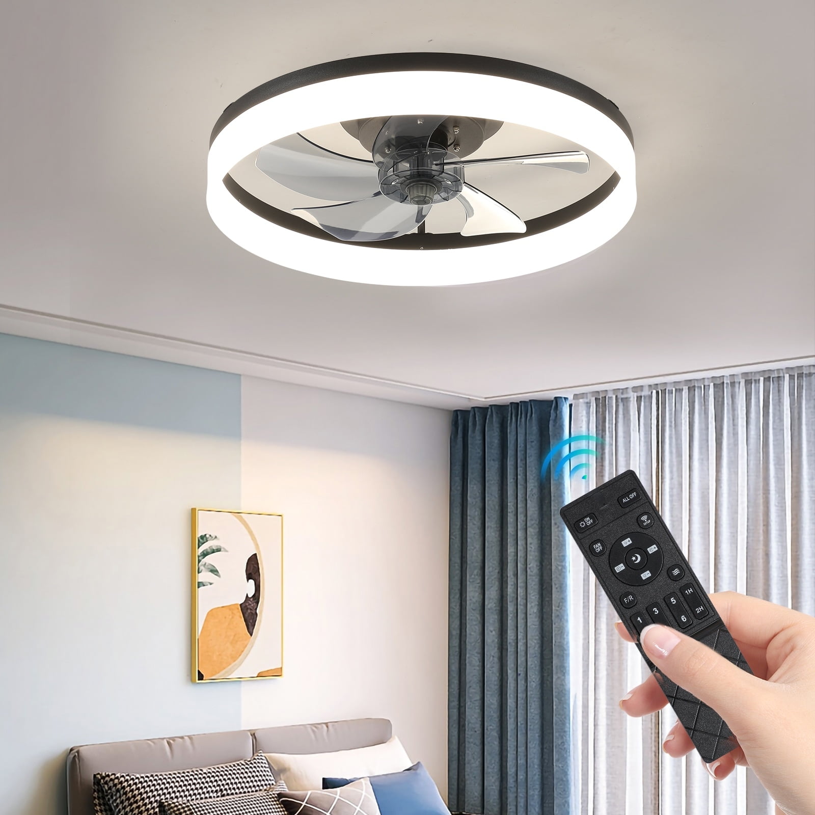 Black Low Profile 20" Ceiling Fan with Light and Remote