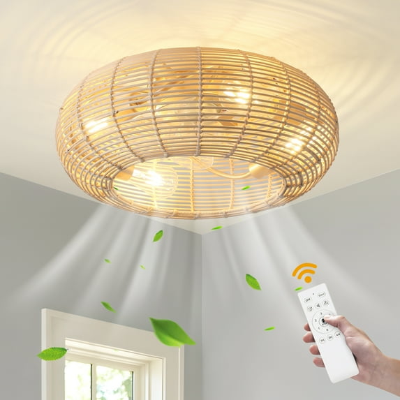20'' Flush Mount Rattan Caged Boho Ceiling Fan with Lights Farmhouse Decorative Ceiling Fan Light Fixture with Remote Control for Bedroom Kitchen Living Room