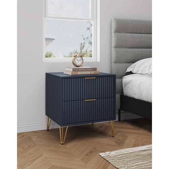 20" Fluted Nightstand with 2 Storage Drawers, Modern Bedside Accent Table with Gold Metal Legs and Metal Handles, End Table for Bedroom, Living Room, Office, Dark Blue