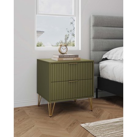 20" Fluted Nightstand with 2 Storage Drawers, Modern Bedside Accent Table with Gold Metal Legs and Metal Handles, End Table for Bedroom, Living Room, Office, Olive Green
