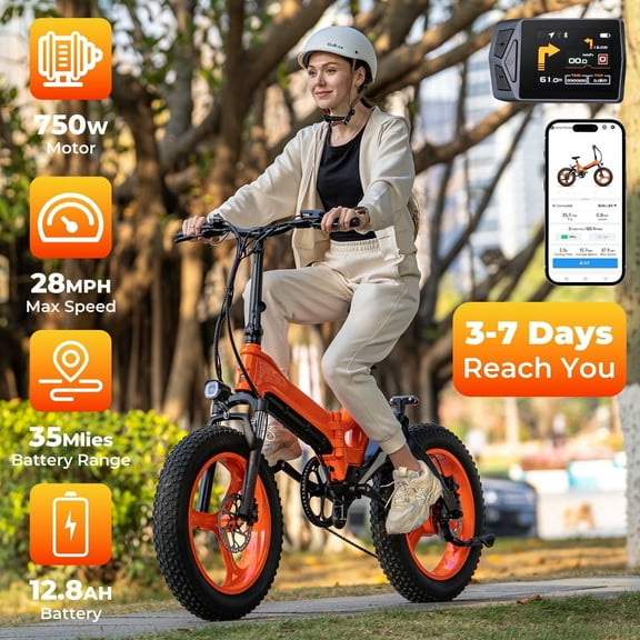 20" Folding Electric Bike - 750W Adult Electric Bike, 35 Mile Range, Hydraulic Brakes, Support iOS & Android Smart Control Orange
