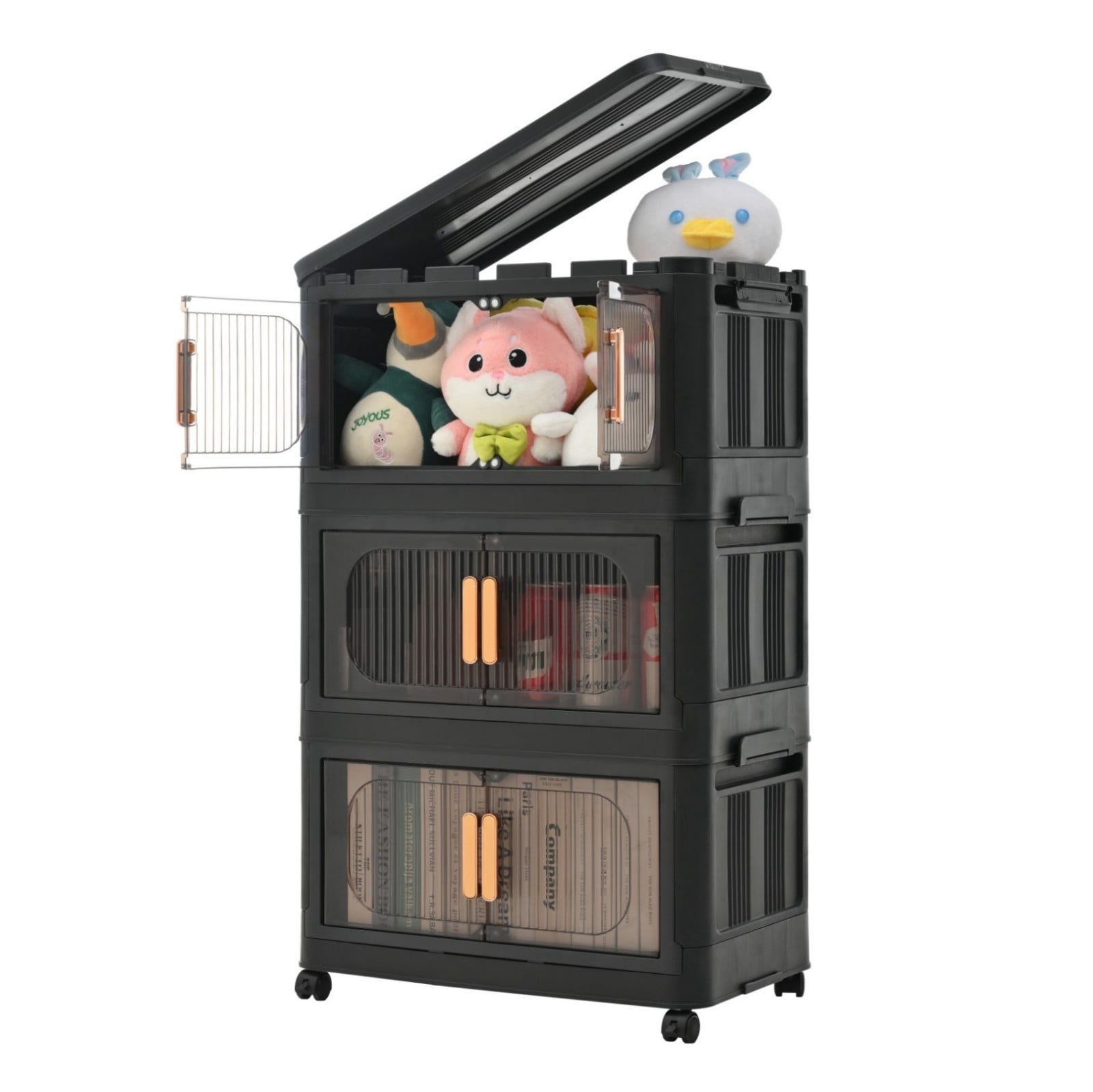 20" Folding Storage Cabinet with Wheels, 3-Tier Collapsible Plastic Organizer with Magnetic Door, Portable Utility Storage Rack, Black