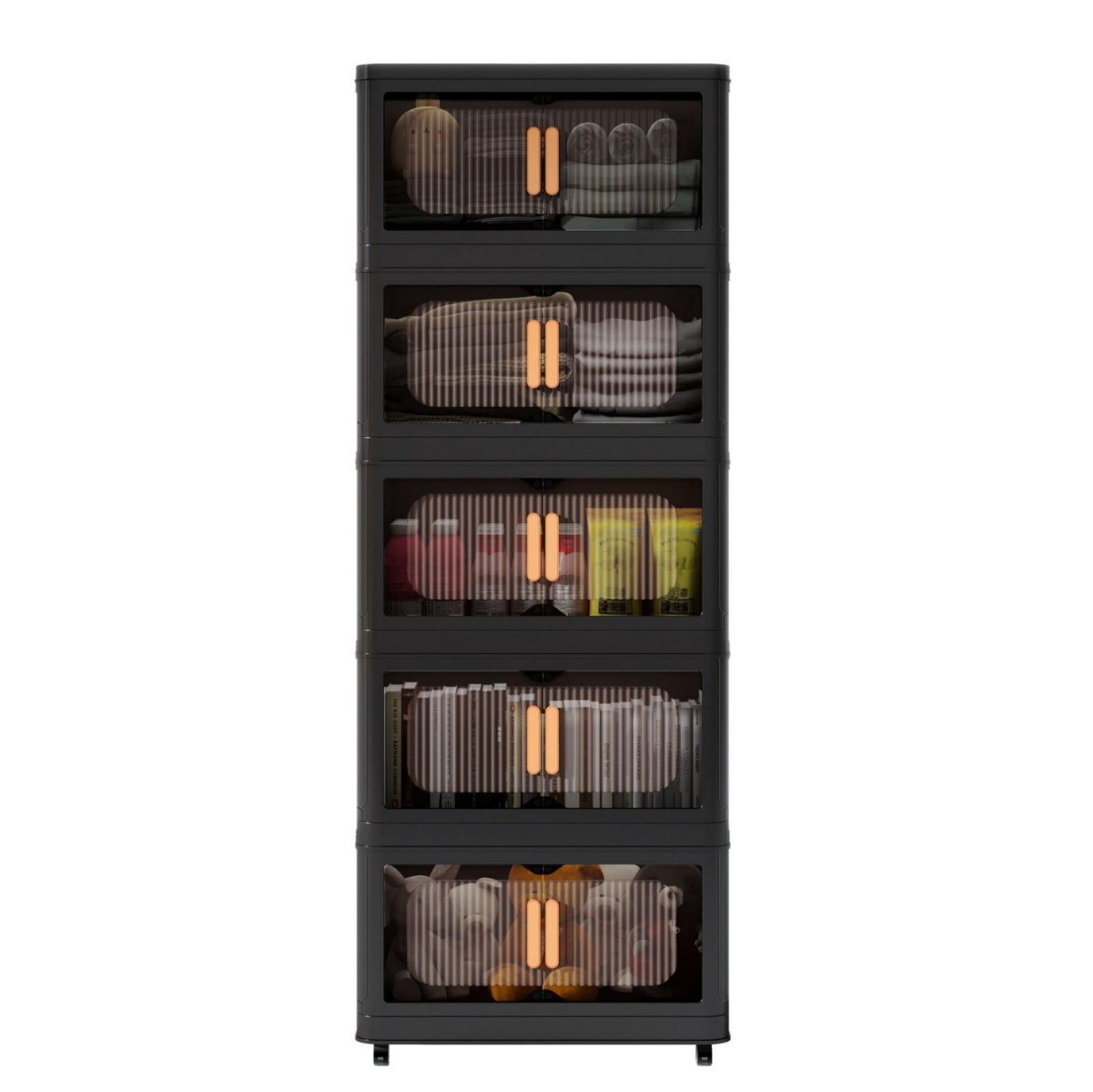 20" Folding Storage Cabinet with Wheels, 5-Tier Collapsible Plastic Organizer with Magnetic Door, Portable Utility Storage Rack, Black