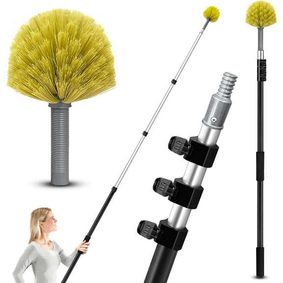 20 Foot Cobweb Duster with Extension Pole, 4-12ft High Reach Feather Dusters with Bristles for Cleaning Outdoor Indoor, 4-Stage Spider Web Remover with Telescopic Pole for Ceiling Wall Yellow