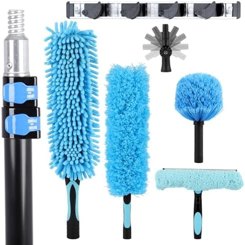 20 Foot High Ceiling Fan Duster, Heavy Duty High Reach Duster Kit for Cleaning, Spider Web Brush, Washable Dust Brush for High Roof and Glass Surfaces (with 5-12ft Extension Pole)