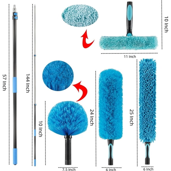20 Foot High Ceiling Fan Duster with 5-12 Foot Extension Pole, Extendable Reusable Cobweb, Feather, Window Cleaning Squeegee Kit Blue
