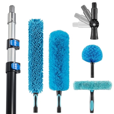 20 Foot High Ceiling Fan Duster with 5-12ft Extension Pole, Extendable Reusable Cobweb, Feather, Window Cleaning Squeegee Kit