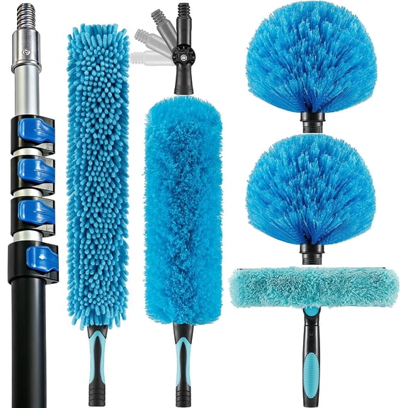 20 Foot High Ceiling Fan Duster with 5-12ft Extension Pole, Extendable Reusable Cobweb, Feather, Window Cleaning Squeegee Kit