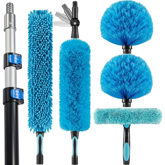 20 Foot High Ceiling Fan Duster with 5-12ft Extension Pole, Extendable Reusable Cobweb, Feather, Window Cleaning Squeegee Kit