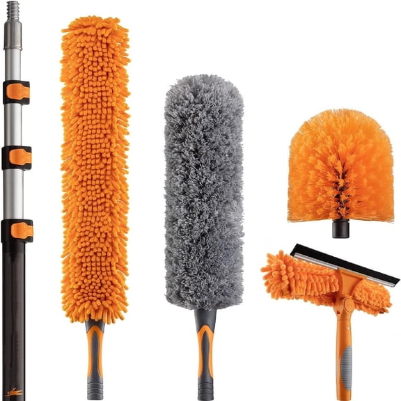 20 Foot High Reach Duster Kit with 4-12 ft Extension Pole // High Ceiling Dusting and Window Cleaning Kit with Telescopic Pole // Window Washer & Squeegee, Cobweb Duster, Fan Blade and Feather Duster