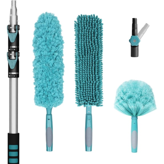20 Foot High-Reach Duster Kit with 5-12FT Extendable Pole - High Ceiling Duster Cleaning Kit with Telescopic Pole,Cobweb Duster, Chenille Ceiling Fan Duster, Microfiber Feather Duster