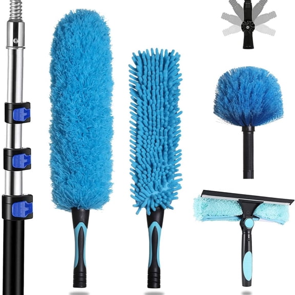 20 Foot High Reach Dusters for Cleaning 5 PCS, Ceiling Fan Dusters with Extension Pole, Cobweb Duster with Extension Pole for High Ceilings/Fans, 2 in 1 Window Squeegee Duster
