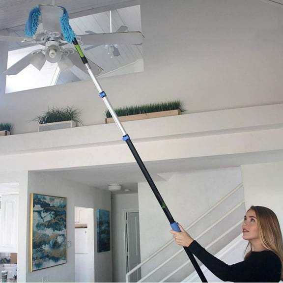 20+ Foot High Reach Flexible Microfiber Ceiling & Fan Duster | Bendable to Clean Any Fan Blade | Removable & Washable Brush Head |5-to-12 Foot 3-Stage Lightweight Aluminum Extension Pole