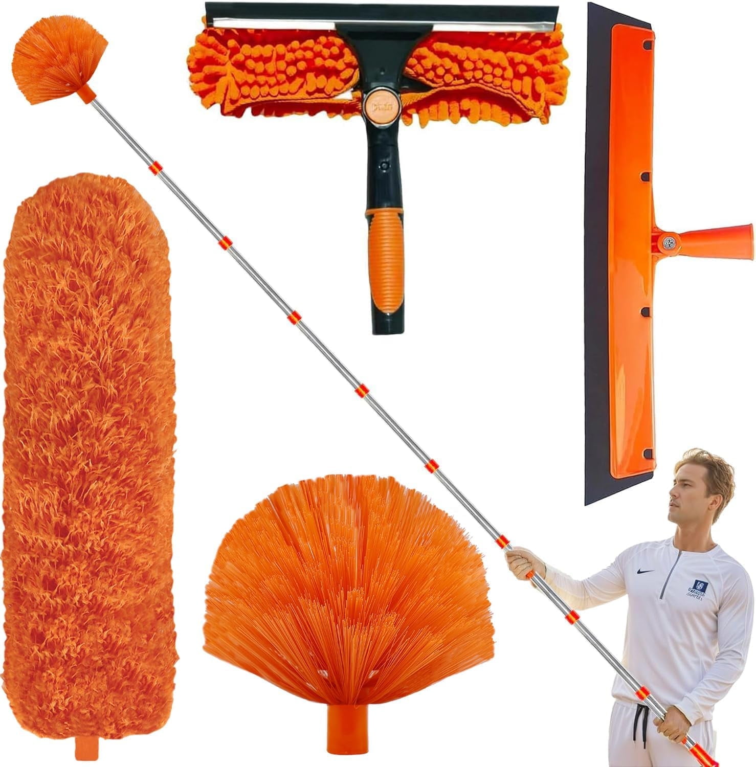 20+ Foot Reach High Ceiling Duster Kit & Window Cleaning Kit | 3-14 ft Telescopic Pole with Window Washer, Squeegee, Cobweb, Fan, and Feather Dusters