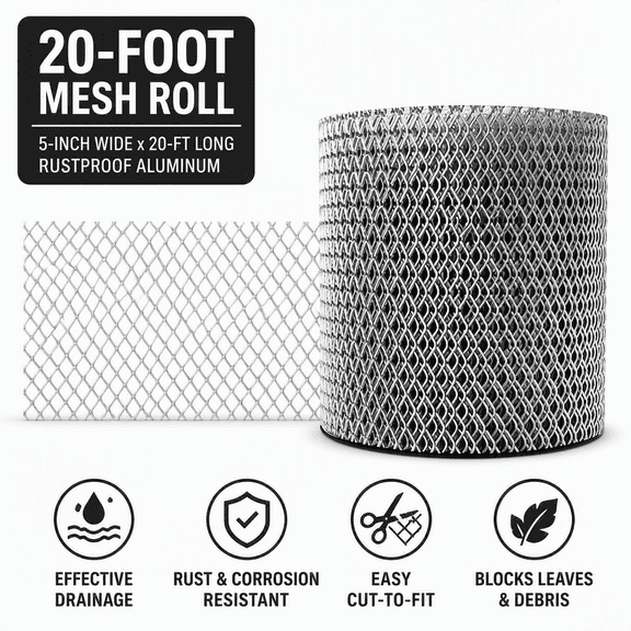 20-Foot Rustproof Aluminum Gutter Guard Mesh Roll (5-Inch x 20-Ft), Heavy Duty Expandable Metal Downspout Screen for Leaf & Debris Protection