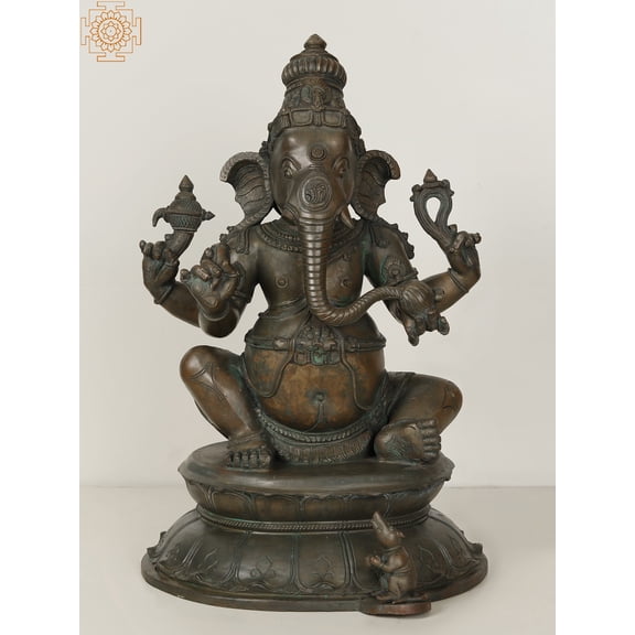 20" Four Armed Lord Ganesha Bronze Idol Seated on Pedestal Podium