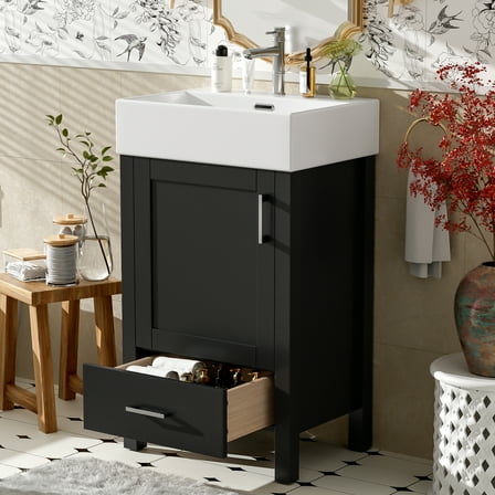 20" Freestanding Single Bathroom Vanity with Ceramic Top, Black