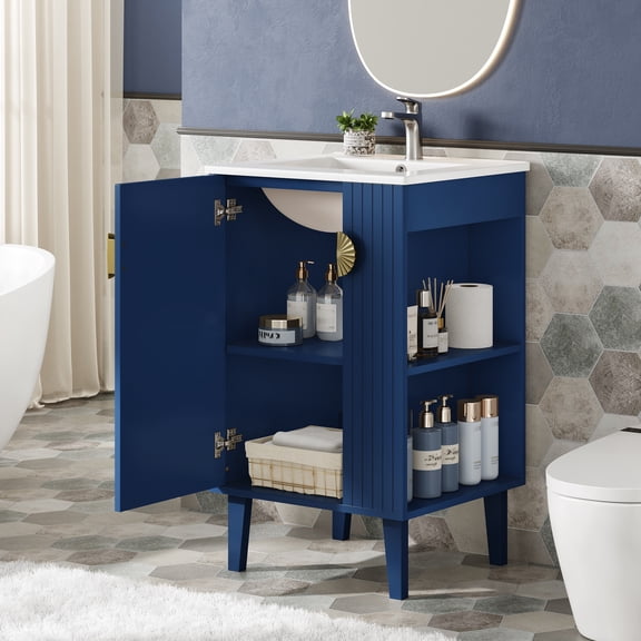 20" French Style Bathroom Vanity with Ceramic Sink, Soft-Close Door and Chic Half-Moon Pull, Blue