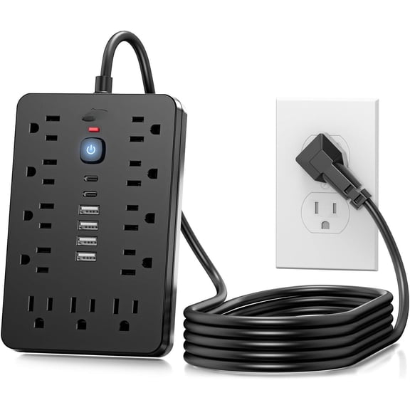 20 Ft Flat Plug Surge Protector Power Strip 11 Multiple Ac Outlets With 6 Usb Ports (2 C) 20 Feet Extension Cord 1250w/10a One Touch Button 17 In 1 Compact Powerstrip