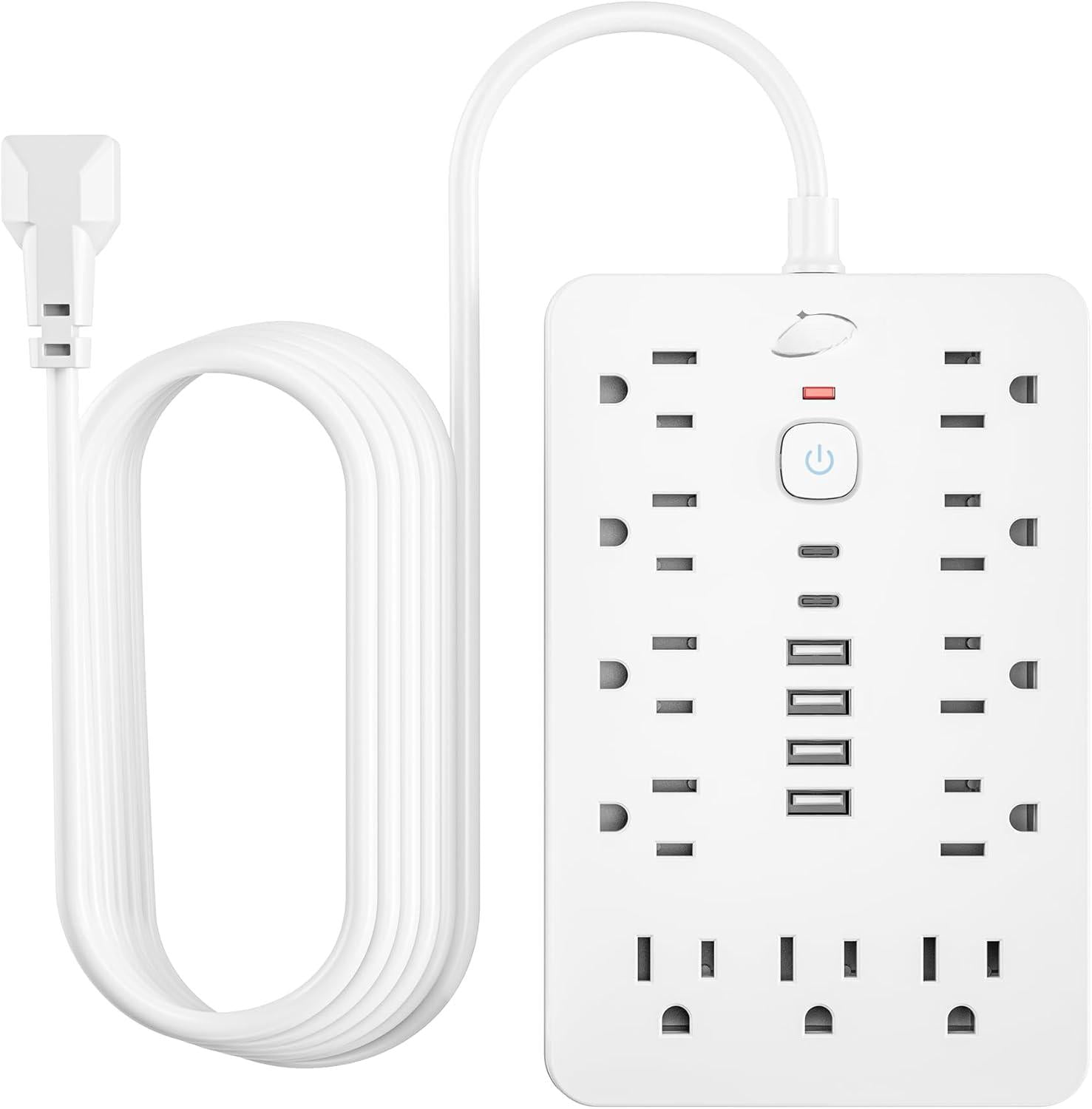 20 Ft Flat Plug Surge Protector Power Strip 11 Multiple Ac Outlets With 6 Usb Ports (2 C)  20 Feet Extension Cord 1250w/10a One Touch Button White