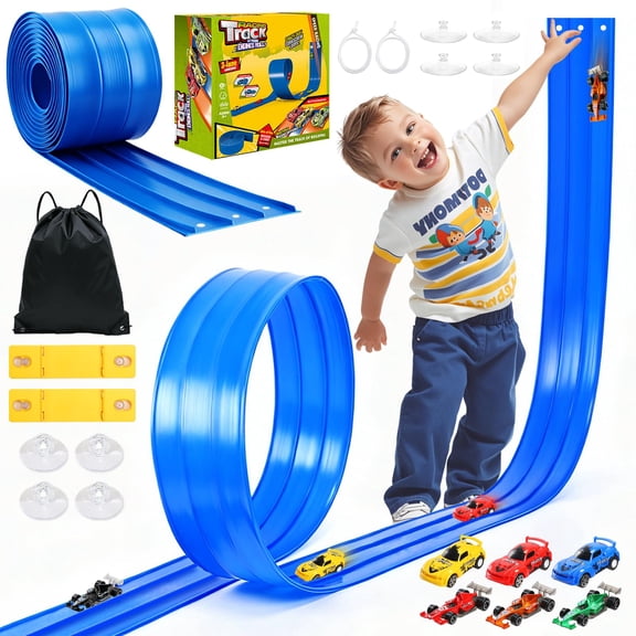 20 Ft Flexible Race Track Toys, 3-Lane Flex Race Car Ramp Track with 6 Race Cars & Suction Cups Rolls Up Portable DIY Race Track Anti Gravity Car Track Set,Kids Racecar Track Toy(Blue)